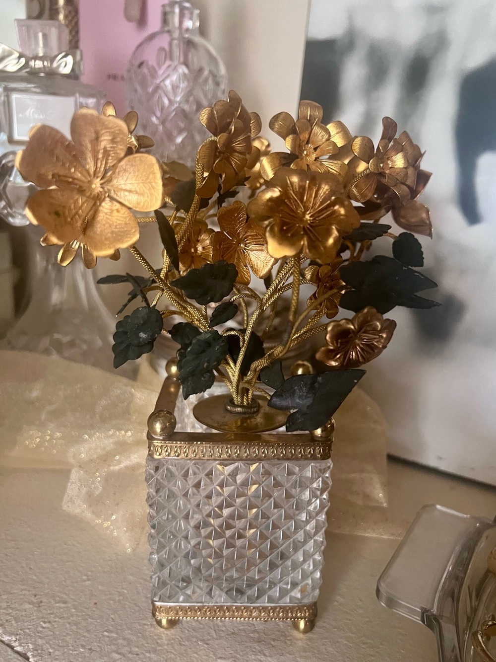 vintage Baccarat Style like French Crystal Gilt & Patinated Bronze Floral